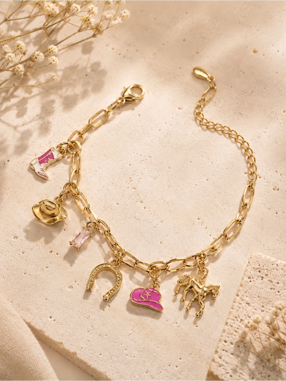 14k Gold - Filled Western Charm Bracelet with Pink Accents
